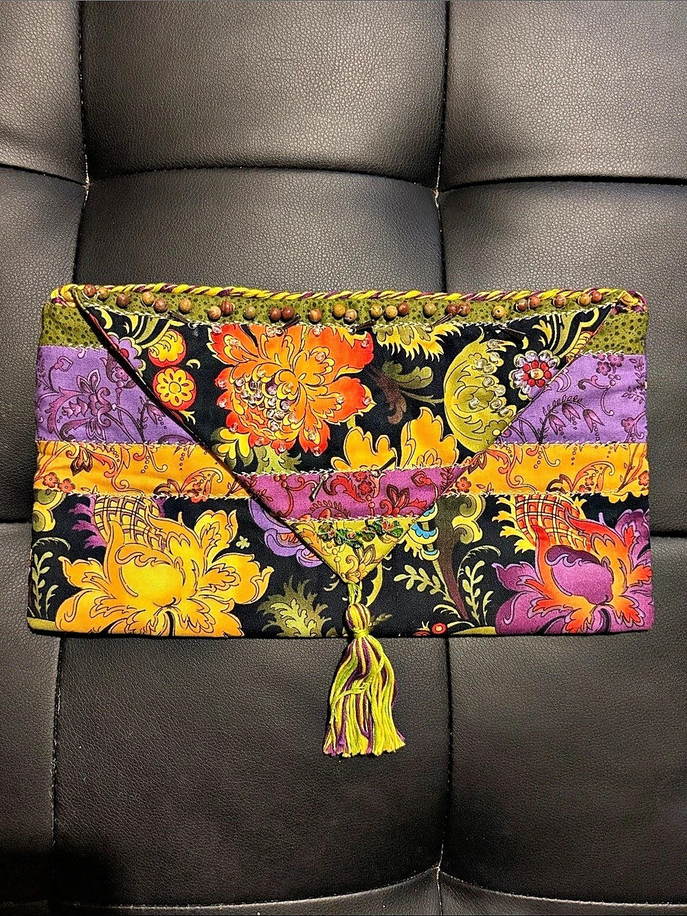 Boho Patchwork Floral Beaded Envelope Clutch Purse Like New